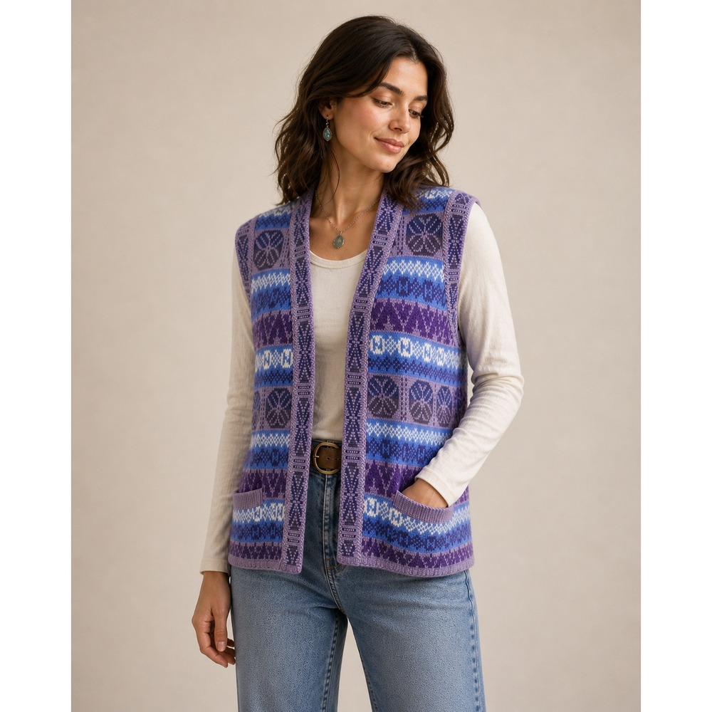 Peruvian Purple Fair Isle Alpaca Knit Vest Sz L Handmade Boho Cottagecore Nordic